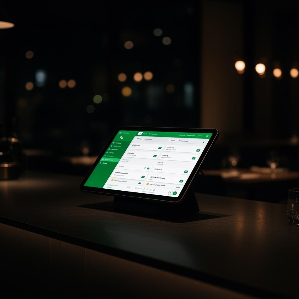 Modern restaurant POS dashboard glowing on a tablet at a dimly lit counter